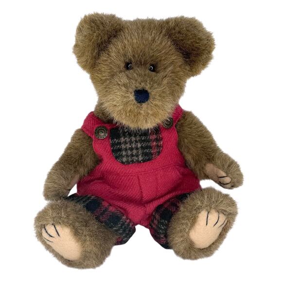 Boyds Bears Best Dressed TEDDY BEAR 10” Joel D Bearsley Red Plaid Overalls VTG - Picture 1 of 7